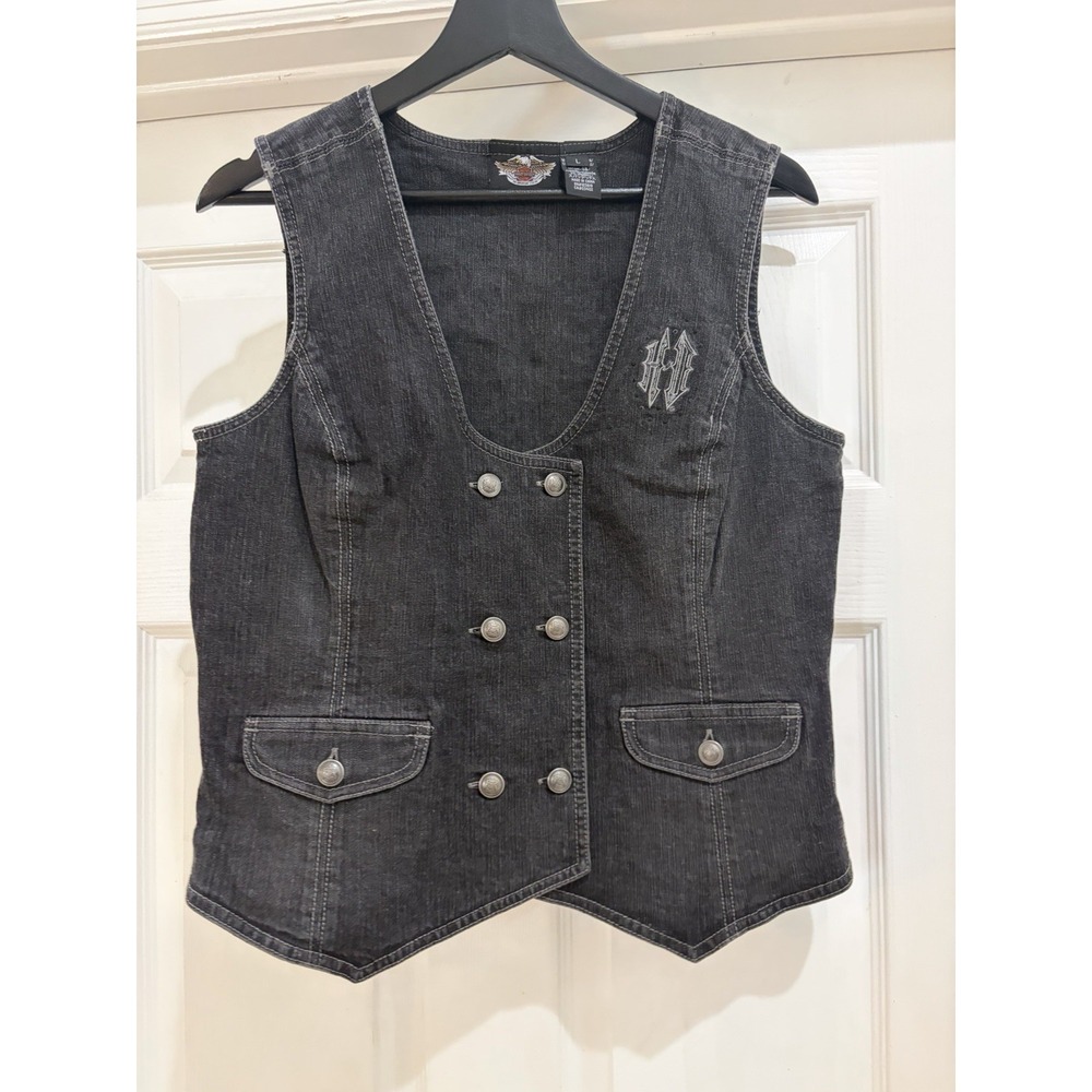 Harley-Davidson Women's Black Denim Double Breasted Vest Gothic HD Logo Large
